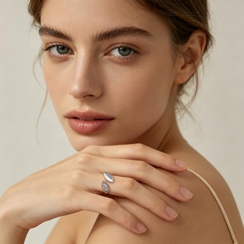 NewZenro Dainty Cat's Eye Marquise Cut Cubic Zirconia Open Ring for Women Gold/Silver Plated Fashion Crystal Geometry Adjustable Stackable Wedding Finger Band Promise Rings Comfort Fit Trendy Jewelry - color: Silver