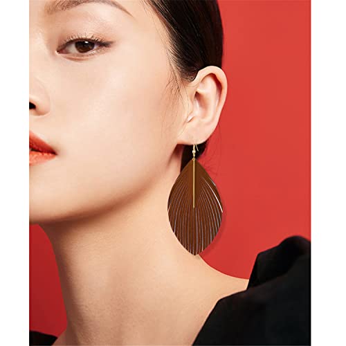 Bohemian Handmade Lightweight Color Large Genuine Soft Leather Fringe Feather Leaf Tear Dangle Drop Earrings for Women Statement - color: Brown