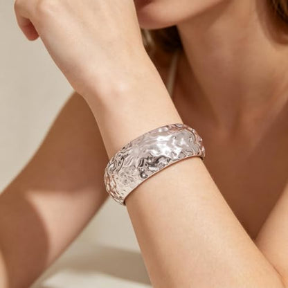 Silver Bangle Bracelet for Women, Wide Stainless Steel Cuff, Hammered Textured Non Tarnish Jewelry