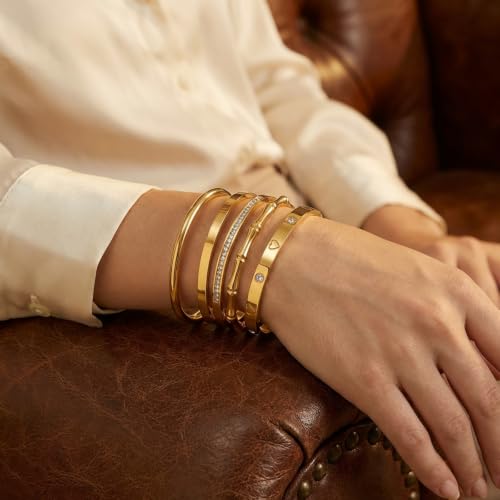 Camhanno Gold Bangle Bracelets for Women Trendy Waterproof - 18K Gold Plated Stackable Bamboo Style Stainless Steel Bracelets Non Tarnish Fashion Jewelry Gifts for Women