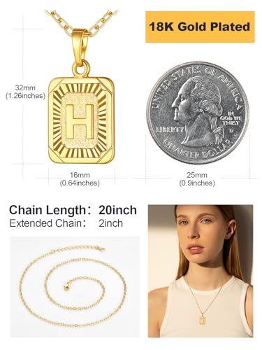 U7 Initial Necklaces for Women, Square Letter Pendant Necklace | Gold & Silver Plated A-Z Pendant | Personalized Large Monogram | 20+2" Adjustable Chain | Gift Packed for Mom Wife Friends - color: a. Gold, style: H