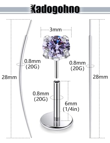 F136 Titanium 20/18/16g Internally Threaded Medusa Monroe Lip Ashley Labret Nose Rings Flat Back Tragus Helix Cartilage Conch Screw Stud Earrings Surgical Steel Piercing Jewelry for Women - color: Purple CZ, size: 20g*1/4in