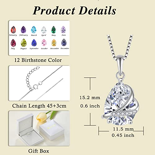 Birthstone Pendant Necklace 925 Sterling Silver Teardrop Jewelry for Women - color: Clear White