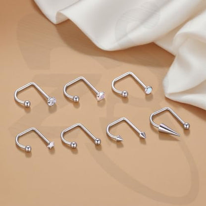 ZS 7Pcs Stainless Steel Star Opal CZ Lip Rings Hoops Piercing, 16G C-shape U-shape Lip Rings, Internally Threaded Cartilage Helix Daith Earrings Jewelry for Women Men - color: U-shape Lip Rings, size: diameter:8mm