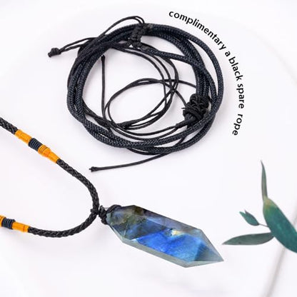 Runyangshi Labradorite Healing Crystal Pendants, Double Pointed Natural Crystal Quartz Necklace 6 Faceted Chakra Crystal Wand Stone - color: Labradorite