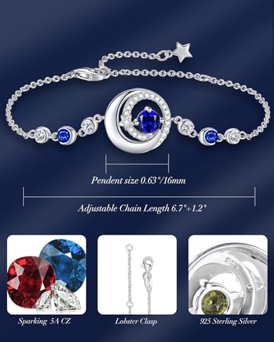 FANCIME Birthstone Bracelets 925 Sterling Silver Moon and Star Bangle Charm Bracelet Fine Jewelry Anniversary Birthday Mothers Day Gifts for Mom Her Women, Adjustable Chain 6.7"+1.2" Extend - color: link-9-sapphire