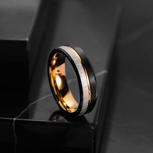 King Will Mens Tungsten Carbide Wedding Band with Groove Design | 6/7/8mm Width, Grooved, Comfort Fit, Everyday Wear - color: Black&Gold&Silver-6mm