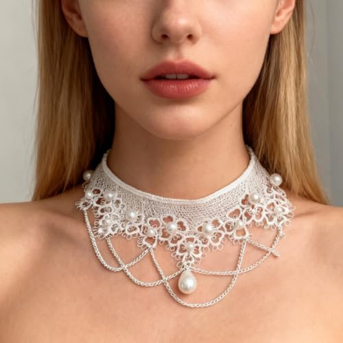 Lace Choker Necklace for Women Gothic Pearl Pendant Necklace Halloween Cosplay Jewelry - color: White