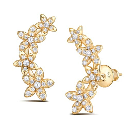Moissanite 20mm Butterlfy/Flower/Leaf/Bezel Crawler Stud Earrings for Women, 925 Sterling Silver with Gold Plated, Hypoallergenic Cartilage Earrings, Valentines Birthday Anniversary Wedding Gift - color: Flower - Yellow Gold