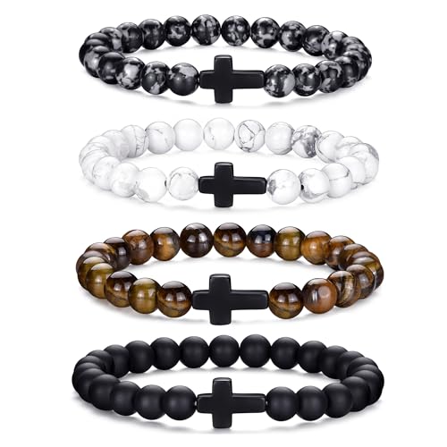 RANKEEF Tiger Eye Bracelet For Men 8MM Natural Stone Stretch Adjustable Black Crystal Beaded Bracelet for Men Women Gifts - color: 4,cross bracelet-A
