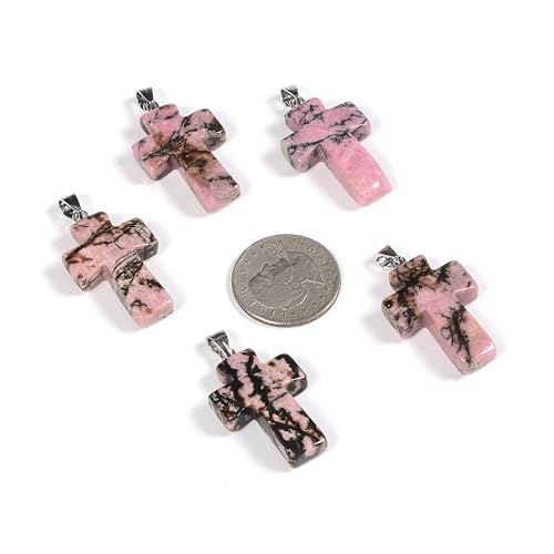 Justinstones 32mm Gemstone Carved Cross Reiki Chakra Pendant With Stainless Steel Necklace 22 Inch - color: Matrix Rhodonite
