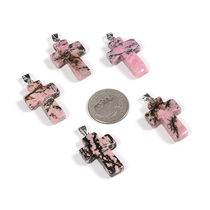 Justinstones 32mm Gemstone Carved Cross Reiki Chakra Pendant With Stainless Steel Necklace 22 Inch - color: Matrix Rhodonite