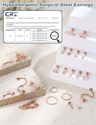 ORAZIO 16 Gauge Cartilage Earrings for Women-Hypoallergenic Surgical Stainless Steel Tragus Earring Set Threadless Flat Back Earrings Push in Nose Studs Daith Conch Tragus Helix Piercing Jewelry - color: Rose Gold Tone