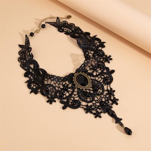 Black Lace Choker Necklace for Women Halloween Gothic Vampire Red Crystal Necklaces Steampunk Cosplay Costume Party Necklace Halloween Jewelry - color: Black