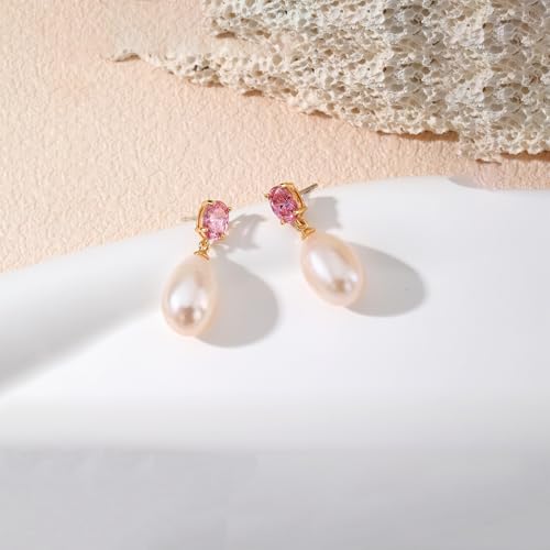 Pearl Drop Earrings Cubic Zirconia Stone Pearl Stud Earrings for Prom, Bridesmaids, Birthday Women Jewelry - color: Pink CZ Stone