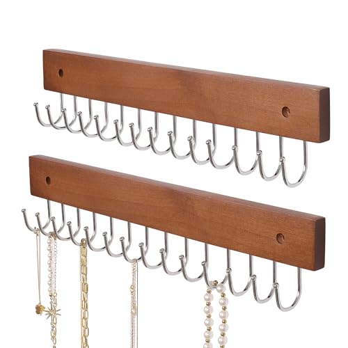 SCUNDA Hanging Jewerly Organizer for Wall, Wall Mounted Necklace Holder, Wood Wall Mount Jewerly Organizer for Earrings Bar, Hanging Rings, Necklaces and Bracelet, Nice Gift for Woman (2pack,Brown) - color: Brown