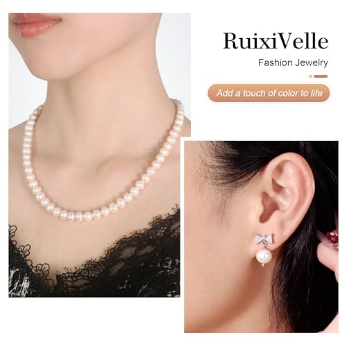 Freshwater Cultured Pearl Necklace Set Includes Cute Bow Pearl Earrings Jewelry for Women - size: 7 to 8mm