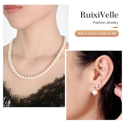 Freshwater Cultured Pearl Necklace Set Includes Cute Bow Pearl Earrings Jewelry for Women - size: 7 to 8mm