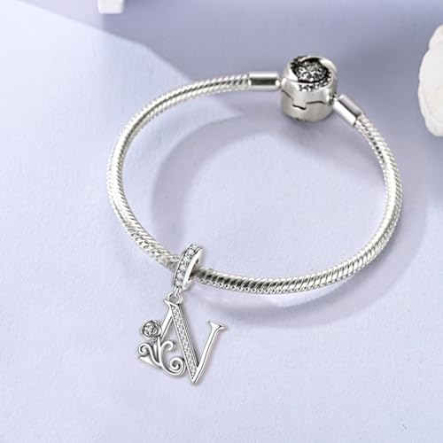 LNQOBU Complete A~Z Alphabet Charm Letter Beads, Solid 925 Sterling Silver with Cubic Stones Rose Alphabet Charm fits Pandora Bracelets Necklace Women Jewelry - color: CYT-N