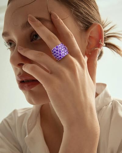 925 Sterling Silver Pave Birthstone Chunky Statement Rings for Women Men | 14K Gold Plated/Silver Large Dome Ring Birthday Cocktail Jewelry,Size 6 to 10(with Gift Box) - color: 02-Created Amethyst-Feb.