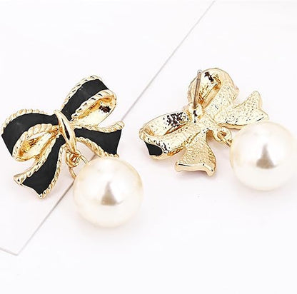 Gold Bow Earrings for Women, Long Tassel Chain Drop Earrings, Trendy Small Bow Earrings, Ribbon Waterfall Dangling Earrings, Pearl Bow Earrings, Sparkly Elegant Bowknot Preppy Jewelry Gifts for Women - color: Black Bow
