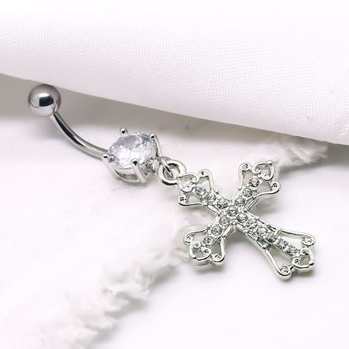 VERAMI 14G 316L Celtic Cross Belly Button Ring Surgical Steel Paved Gems Dangling Belly Button Ring Body Piercing Jewelry - color: Silver:C-6