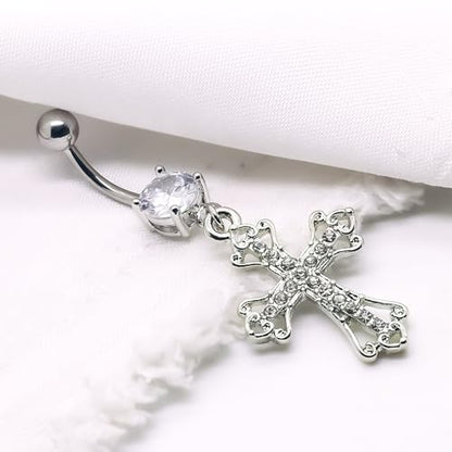 VERAMI 14G 316L Celtic Cross Belly Button Ring Surgical Steel Paved Gems Dangling Belly Button Ring Body Piercing Jewelry - color: Silver:C-6