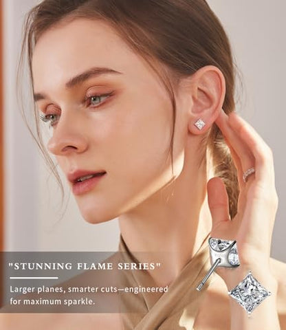 "STUNNING FLAME" Trillion-cut/Cushion-cut/Emerald-cut/Marquise-cut ... 18K White Gold Plated Sterling Silver Cubic Zirconia Simulated Diamond Stud Earrings for Women - color: Princess-Cut, size: small-white gold plated silver