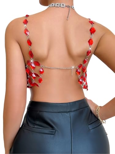 Rhinestones Body Chain Suit Silver Crystal Bikini Bra Underwear Sexy Sparkly Party Body Jewelry Accessories for Women - color: Red