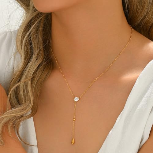 Dainty 18K Gold Plated Lariat Necklace for Women Delicate Y Chain Rose Pearl Diamond Long Drop Necklace Layering Bridal Jewelry Gift - color: CZ Waterdrop-Gold