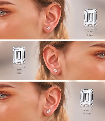 "STUNNING FLAME" Trillion-cut/Cushion-cut/Emerald-cut/Marquise-cut ... 18K White Gold Plated Sterling Silver Cubic Zirconia Simulated Diamond Stud Earrings for Women - color: Emerald-Cut, size: X-small-white gold plated silver