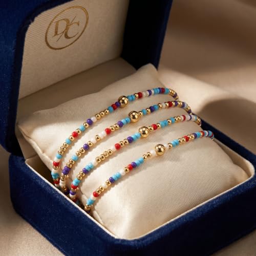 Seed Beaded Stack Bracelets Set for Women,Small Boho 4Pcs Colorful Handmade Dainty Trendy Gold Stretch Accessories Jewelry, Summer Daily Party Friendship Gift - color: Aqua Blue