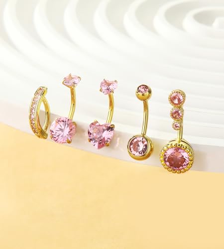 BSJ4U Belly Button Rings Gold Plated Silver Pink Clear CZ Belly Rings for Women Heart Bow Flower Butterfly Teardrop Dangle Navel Belly Button Piercing Jewelry - color: Gold Plated Pink Classic Belly Button Rings