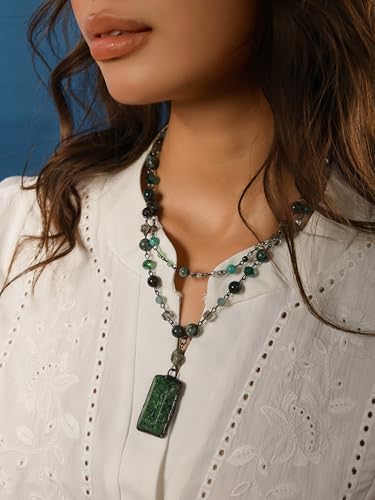 MINACHI Boho Layered Necklace with Green Aventurine-Toned Pendant, Handmade Beaded Chain Jewelry, Vintage Hippie Necklace for Women