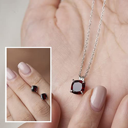 MAX + STONE 14k Gold Plated or Sterling Silver Cushion Cut Gemstone Stud Earrings and Pendant Necklace for Women with 6mm and 8mm Birthstones 18 Inch Chain and Push Backs Jewelry Set - style: Sterling Silver|Genuine Garnet
