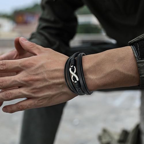 Men's Leather Infinity Bracelet Stainless Steel Number 8 Wristband Cuff Bangle Bracelets Gifts for Men, 8.3 & 9.1 inches - color: 02.Five-layers leather & silver infinity, size: 8.3inch(Fits most wrists.)