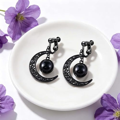 Gothic Moon Clip On Earrings for Women Black Filigree Dangle Moon Earrings Halloween Witch Earring Colorful Crystal Vampire Earring Accessories Halloween Jewelry Gifts - color: Black