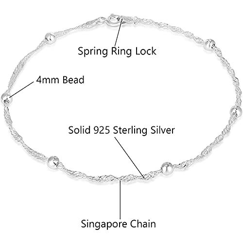 Savlano 925 Sterling Silver 9, 10 Inches Chain Anklet for Women Comes With a Gift Box - style: Singapore/Bead