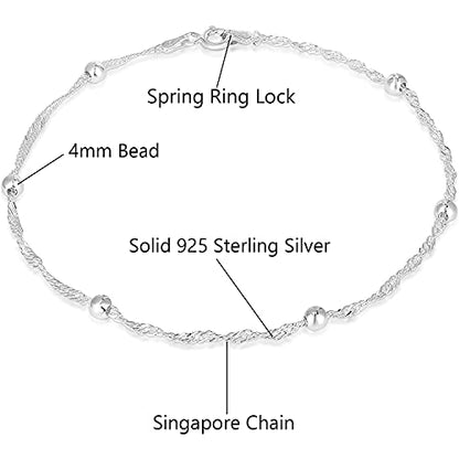 Savlano 925 Sterling Silver 9, 10 Inches Chain Anklet for Women Comes With a Gift Box - style: Singapore/Bead