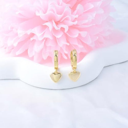 Heart Earrings for Women Girls-Sterling Silver Heart Dangle Hoop Earrings with Charm Love Huggie Hoop Earrings Hypoallergenic Delicate Jewelry Gifts for Women Girls Birthday - color: gold