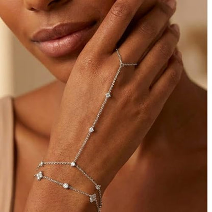 Mchic Hand Chain Tennis Bracelets for Women Trendy: Dainty Diamond Beaded Bracelet 14K Gold Plated/Silver Finger Ring Bracelet Hand Chain Jewelry Adjustable Sparkly Prom Bracelets - color: small CZ hand chain silver