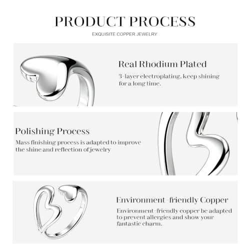 Silver Open Adjustable Stacking Rings for Women, Minimalist Wrap Band Set, Geometric/Heart/Wave/Leaf/Spiral Styles, Hypoallergenic, Gift Box Included, Thumb Ring Option - color: Hollow Heart Cutout