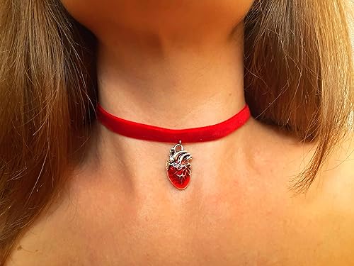 Realistic Heart Necklace for Women Anatomical Heart Jewelry Red Velvet Ribbon Choker Anatomical Heart Gifts Red Heart Pendant Medical Necklace Red Gothic Jewelry Women Heart Organ Jewelry