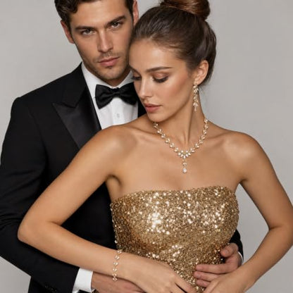 Paxuan Wedding Jewelry Sets for Bride Bridesmaid Bridal Jewelry Set for Women Wedding Crystal Necklace Earrings Bracelet Set for Party Prom Jewelry - color: Champagne - 14K Gold