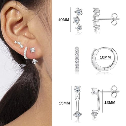 BG&WLing 3 Pairs Earring Set with Huggie Hoops Jacket Crawler Stud | Hypoallergenic, Cubic Zirconia, Huggie Hoops, Ear Climber Design, Earrings Jacket, Multi-Pierce Stack, Women's Jewelry - color: Silver