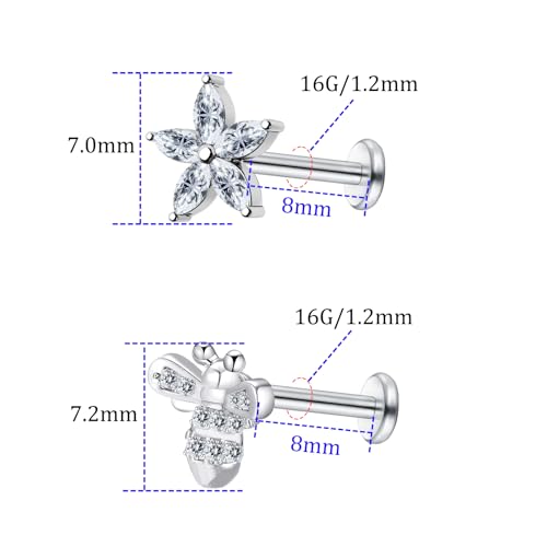 VERAMI 16G Surgical Steel Pushin Lip Rings Butterfly Flower Bee Nose Stud Rings Top Push in Threadless Flat Back Nose Rings Studs Cartilage Earrings for Womens - color: Silver：flowe & bee