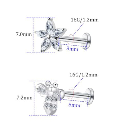 VERAMI 16G Surgical Steel Pushin Lip Rings Butterfly Flower Bee Nose Stud Rings Top Push in Threadless Flat Back Nose Rings Studs Cartilage Earrings for Womens - color: Silver：flowe & bee