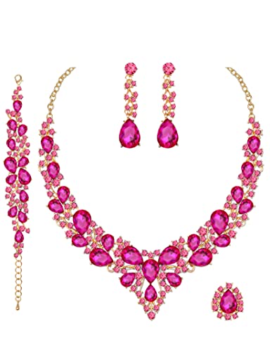 CSY Elegant Crystal Costume Jewelry Sets for Formal Events Gown Accessories | 4-Piece Set Bridal Necklace Earrings Bracelet Ring Set for Brides Eco-friendly Statement Jewelry for Wedding Party Prom - color: Hot pink crystal