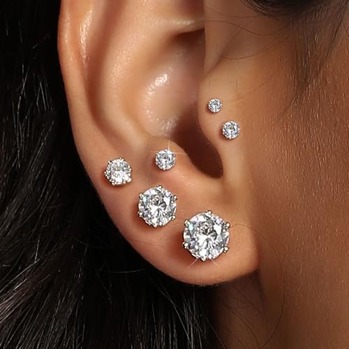 MDFUN 6 Pairs Stud Earrings Sets 3-8MM 18K Gold Plated Round 5A+ Cubic Zirconia Earrings Hypoallergenic CZ 6 Prong Ears Jewelry for Women - color: 4MM-White Gold