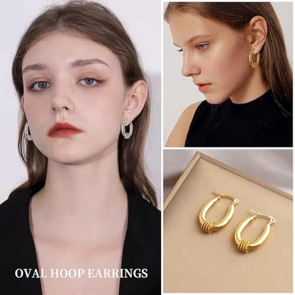 2 Pairs Gold/Silver Hoop Earrings For Women Set Trendy,14K Plated Gold Chunky Huggie Hoop Earings Pack,Oval Twisted Statement Silver Hoops,Fashion Jewelry Gift - color: 13) oval chunky hoop